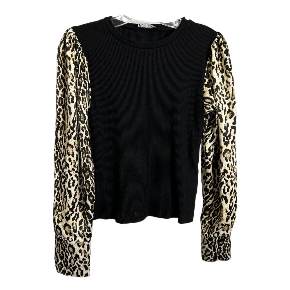 ZARA Women's Size L Long Sleeve Top Black Ribbed Leopard Puff Sleeve Pullover